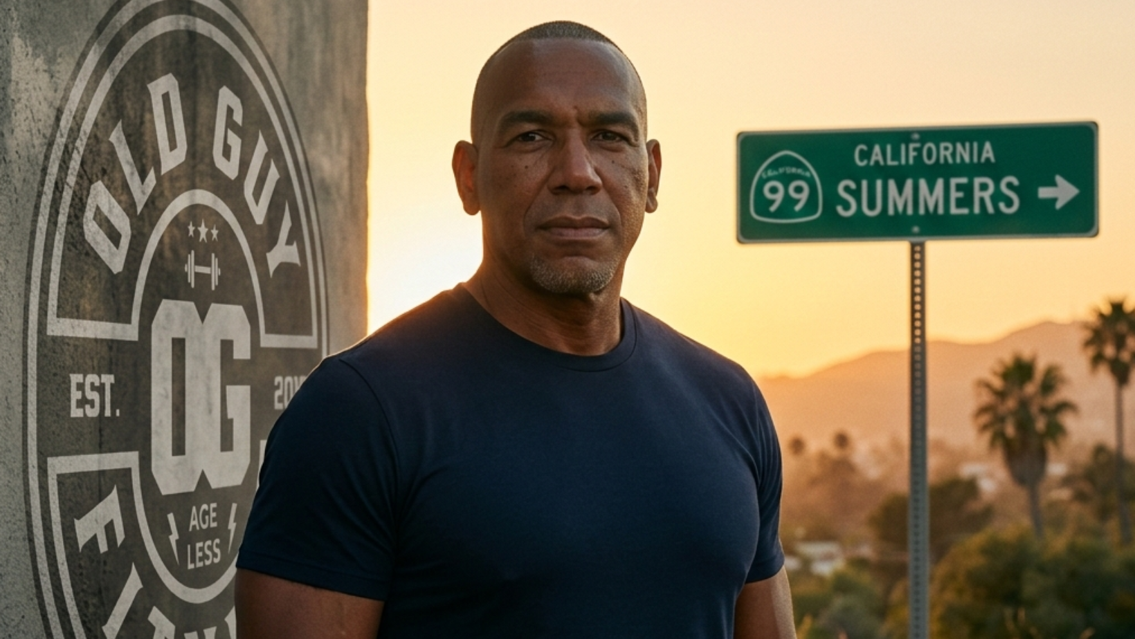 Tony standing at sunset beside an Old Guy Fitness mural and a California 99 road sign
